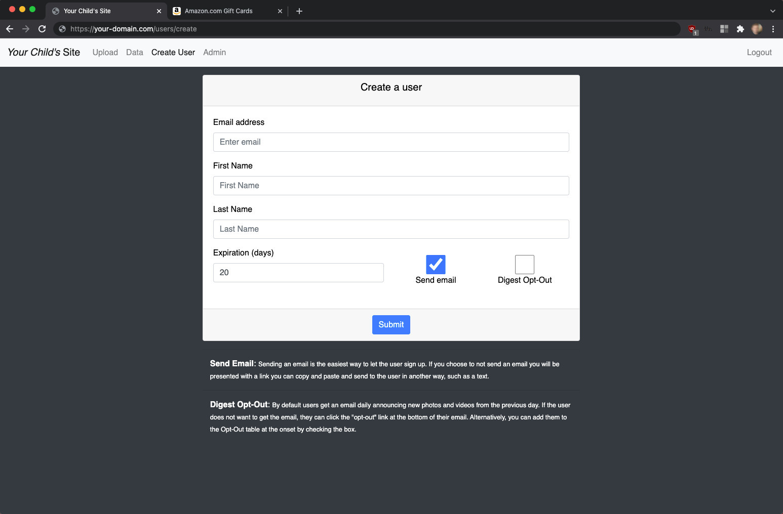 Create A User page